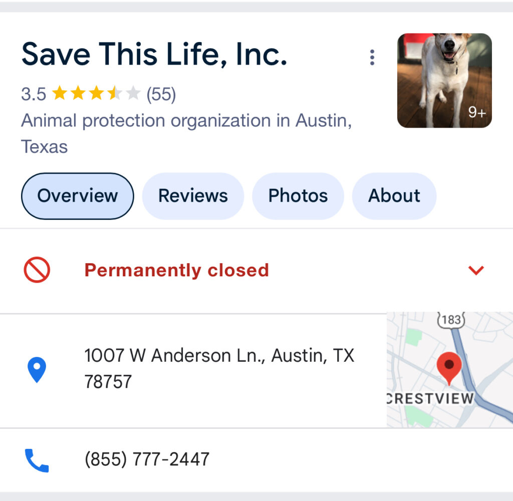 Save This Life Shutdown Leaves Nebraska Pet Microchips in Question Paw & Order Sanitation Screenshot of Save This Life Austin TX Google Business Profile Permanently Closed